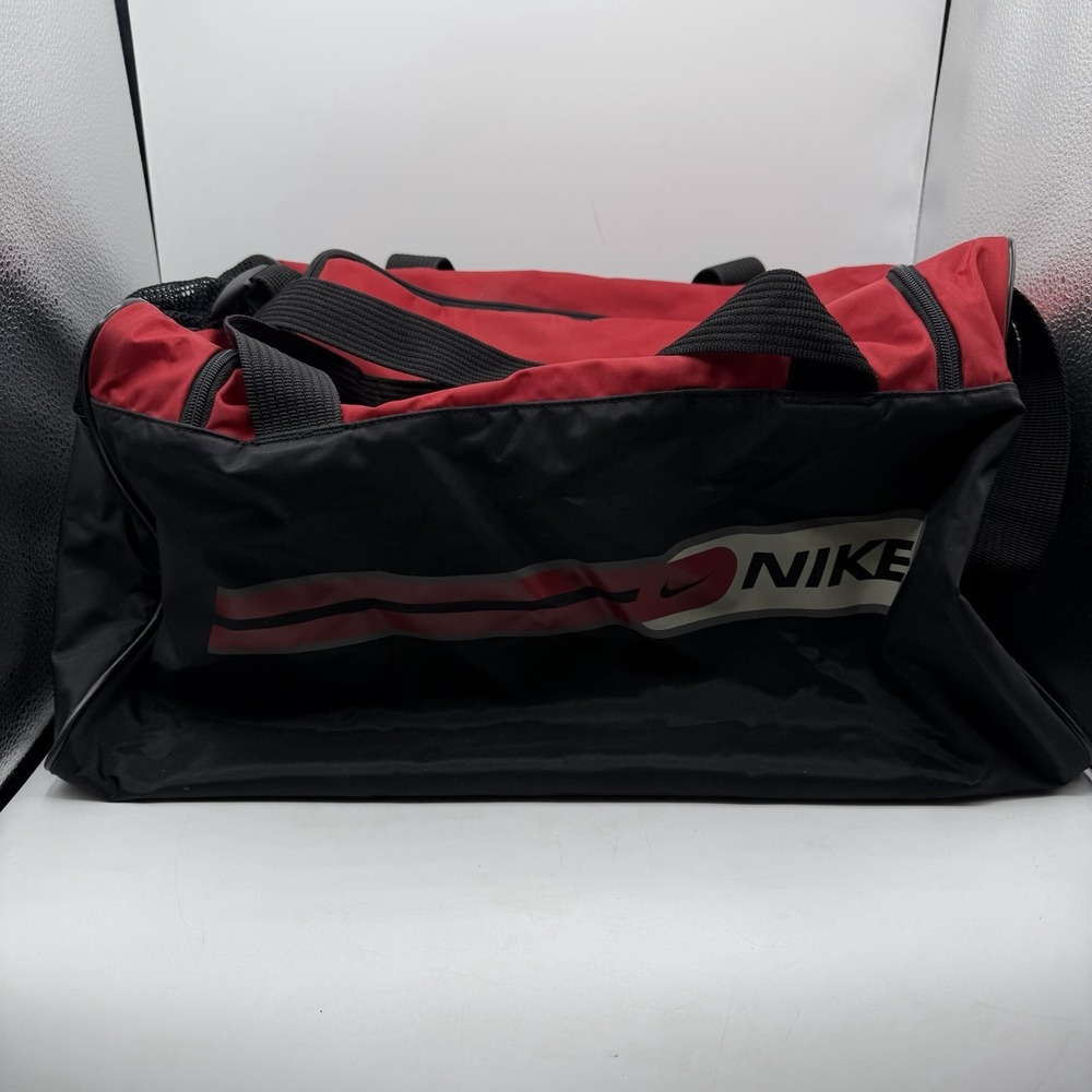 Rare Vintage 90s NIKE Duffle Bag Red Black Spellout Swoosh Retro Gym Travel